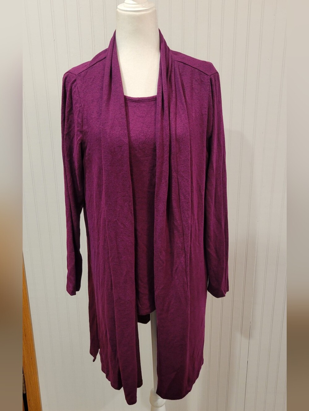 Size Med. Pant, Tank Top, And Long Cardigan Set In Plum.